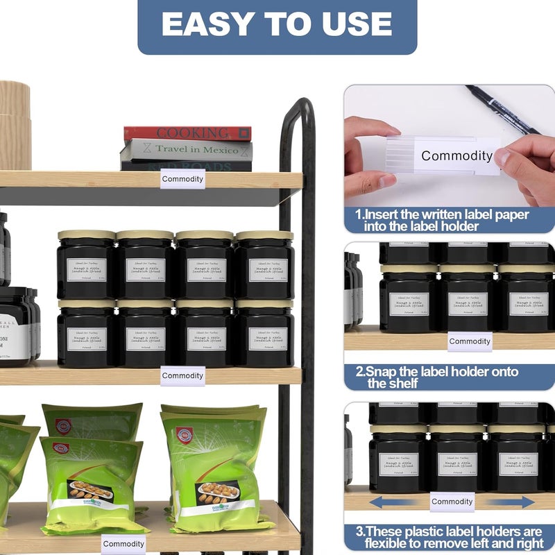 collwait 100 Pcs Label Holder Shelf Labels, Wire Shelf Label Holder with Label Paper Inserts, Shelf Labels for Wire Shelving, Metro Shelving Clips Plastic Label Holder Compatible with 1-1/4in Shelves - Image 5